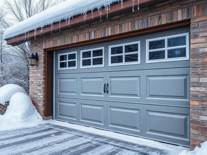 Garage door in winter with snow and ice, demonstrating cold weather challenges