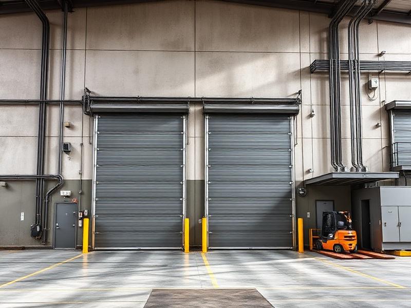 Large steel commercial garage doors at industrial warehouse loading dock