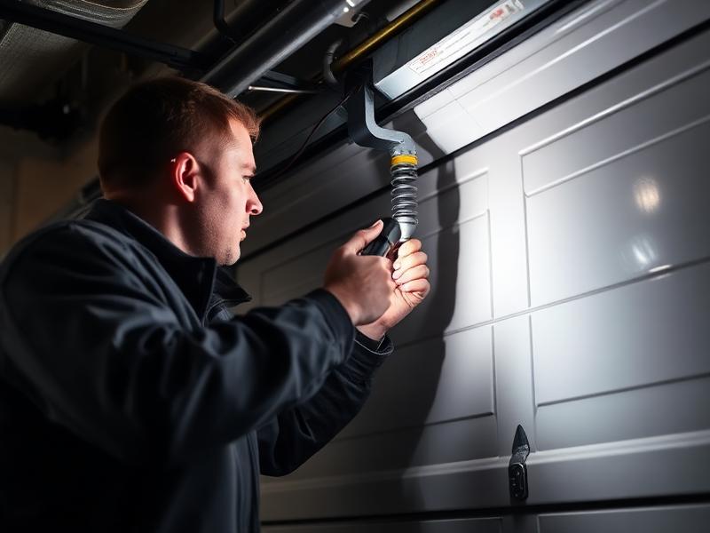 Technician performing emergency garage door repair at night