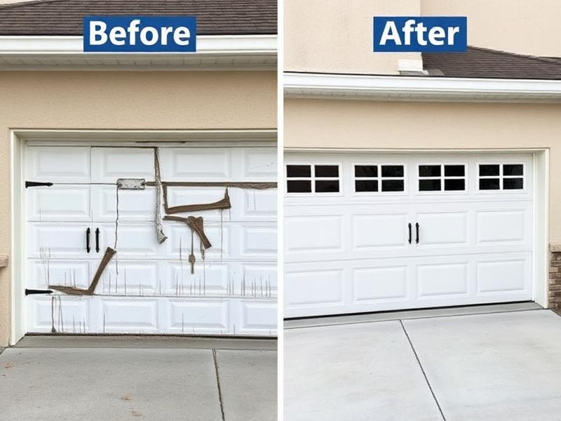 Before and after garage door replacement showing transformation