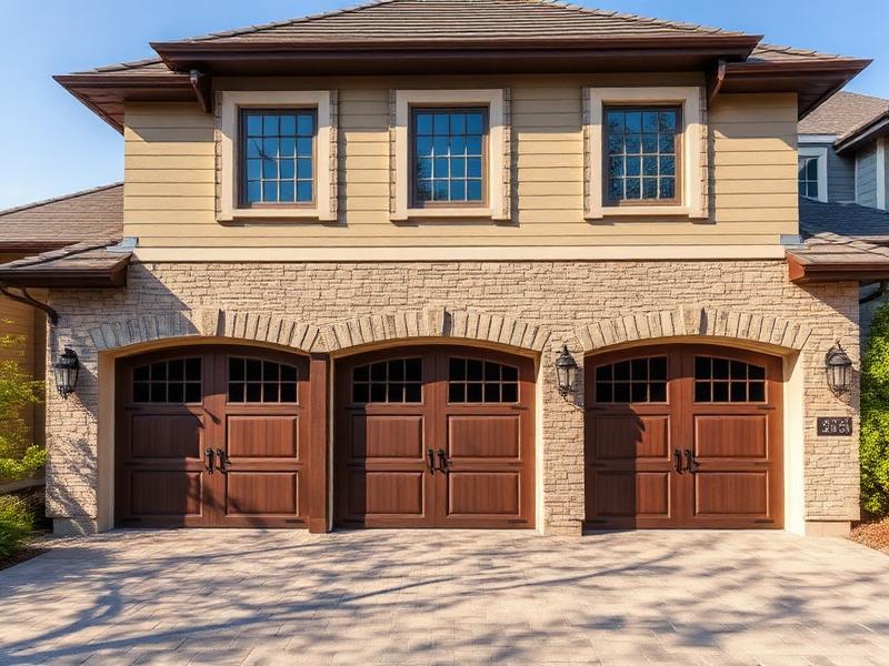 Luxury carriage house style garage doors on upscale stone home