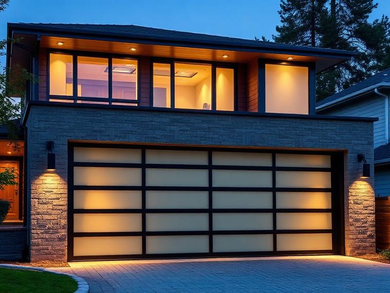 Modern glass and aluminum residential garage door installation at dusk